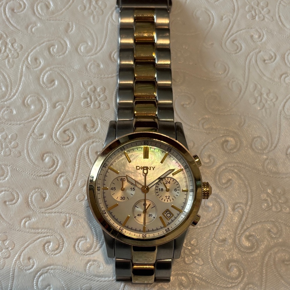 DKNY Silver and Gold Chronograph Watch/needs battery